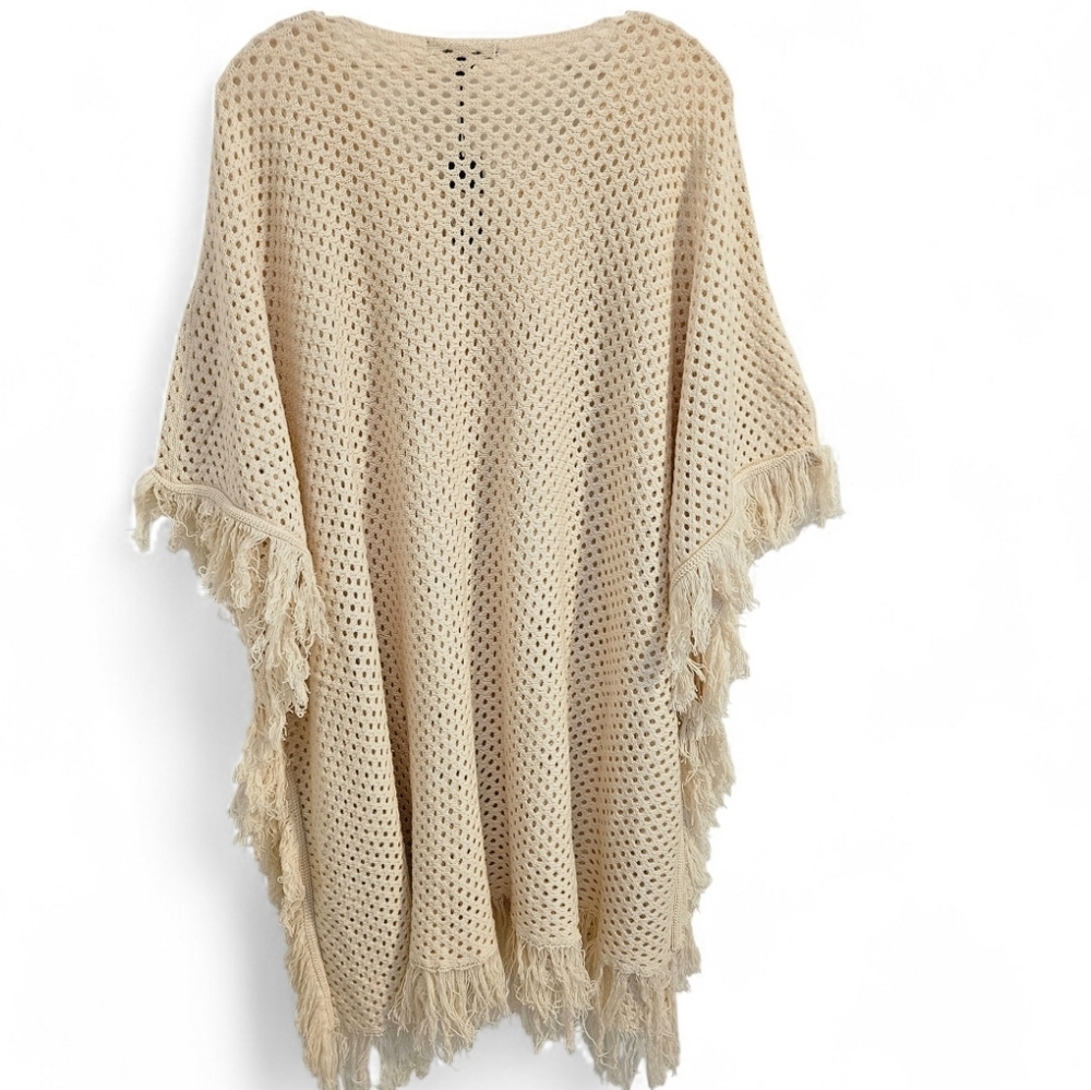 Fiore Knit Fringe Poncho Cream Oversized - Picture 3 of 8